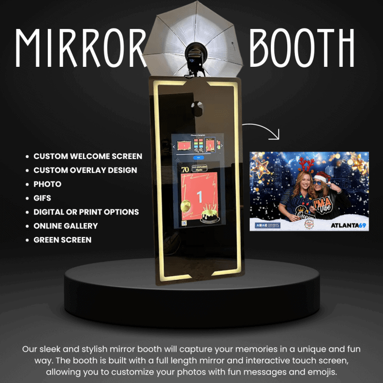 Mirror photo booth by PixSpin360 with full-length interactive screen, custom overlays, prints, and green screen options