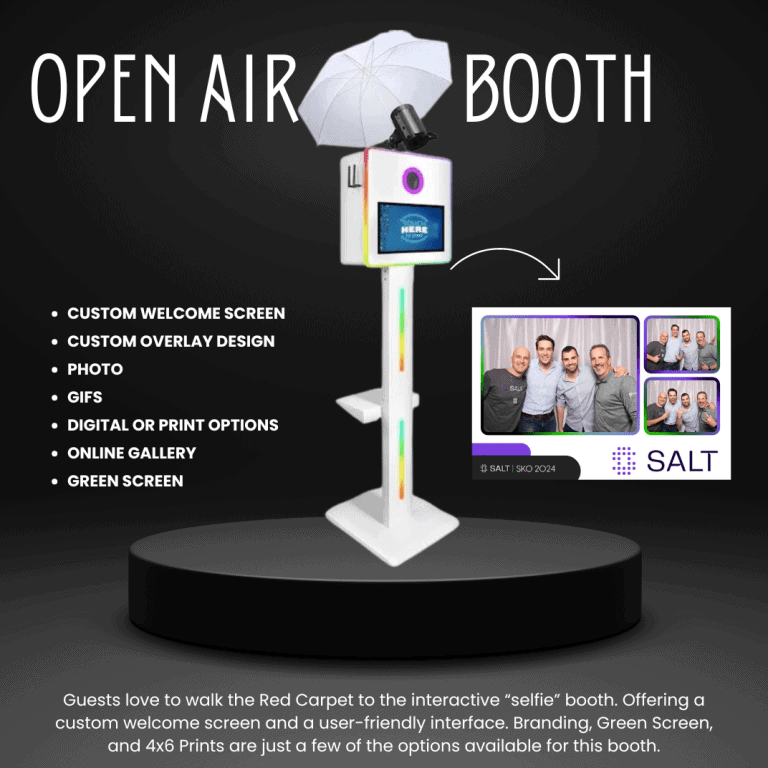 Open Air photo booth by PixSpin360 featuring green screen, prints, custom overlays, and user-friendly interface