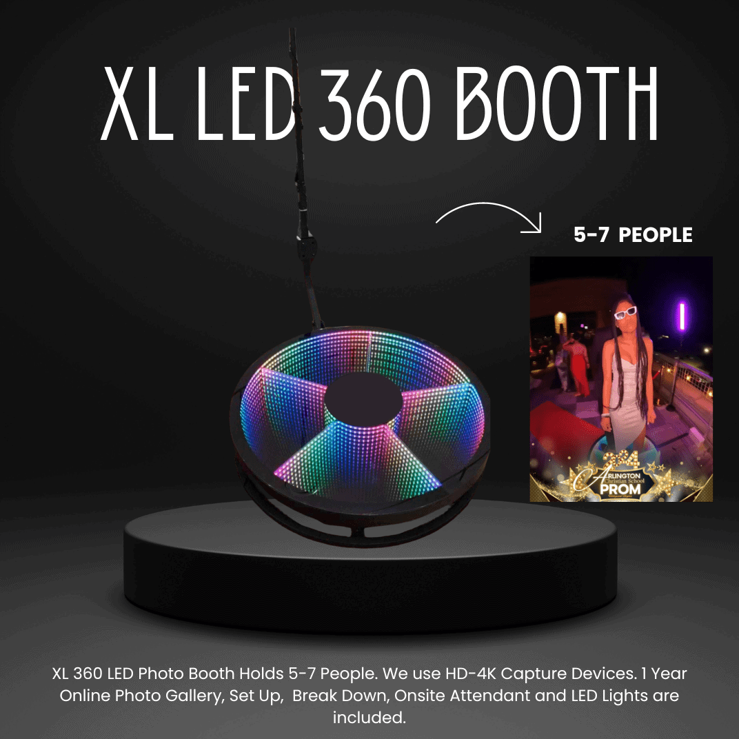 LED 360 photo booth for events with colorful lights and 5-7 people.