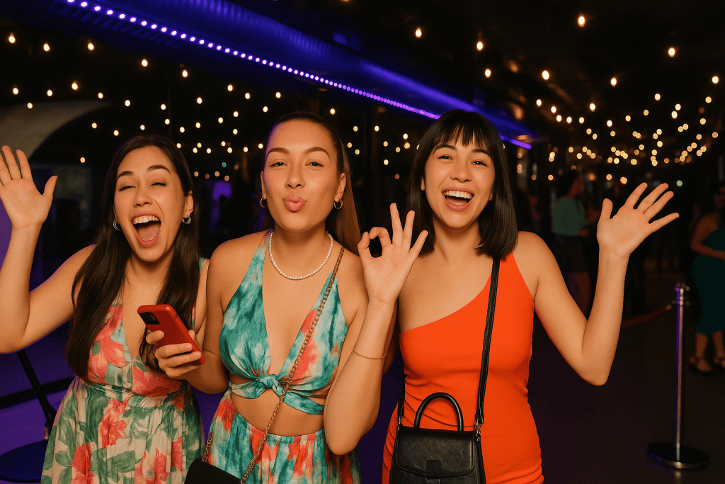 Group of happy women at a photo booth with party lights in Atlanta.