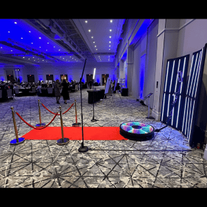 Elegant event space with photo booth and red carpet in Atlanta venue.