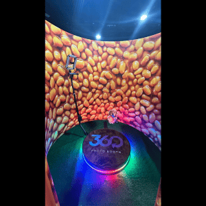 Atlanta photo booth rental with colorful bean bag backdrop and 360-degree camera.
