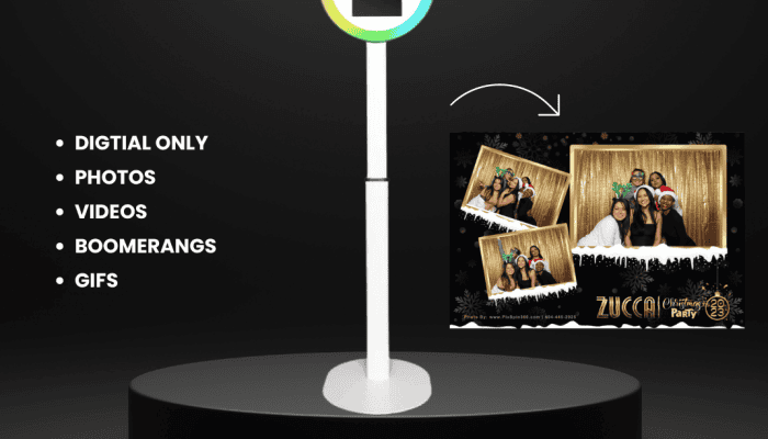 Selfie booth with LED lights for event photos and videos by PixSpin360.