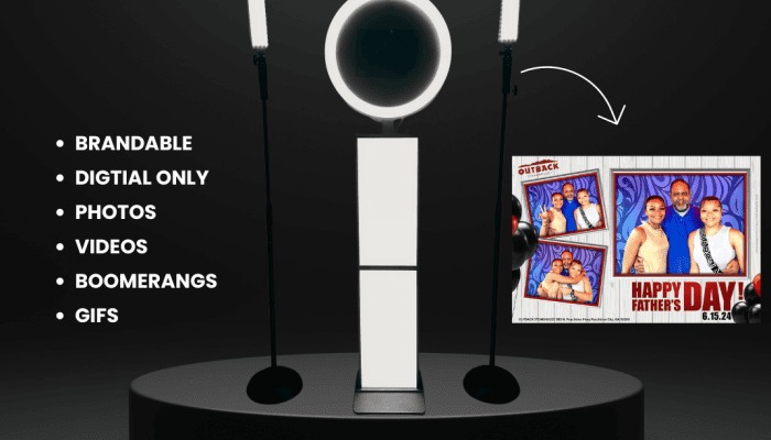 Deluxe selfie photo booth with LED lights and customizable features for events.