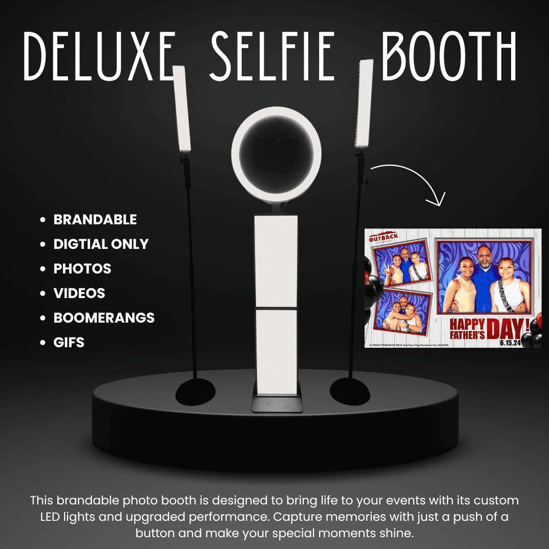 Deluxe selfie photo booth with LED lights and customizable features for events.