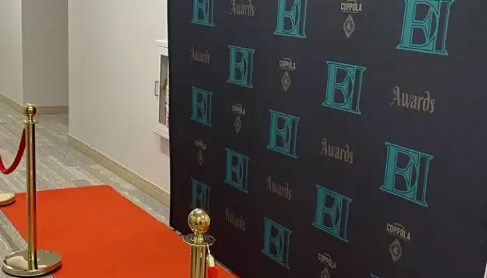 Photo booth backdrop at Atlanta event for PixSpin360 rental service.