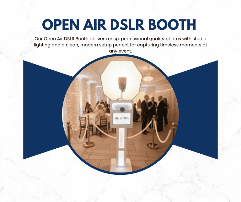 Open Air DSLR photo booth at event with professional lighting and modern setup.